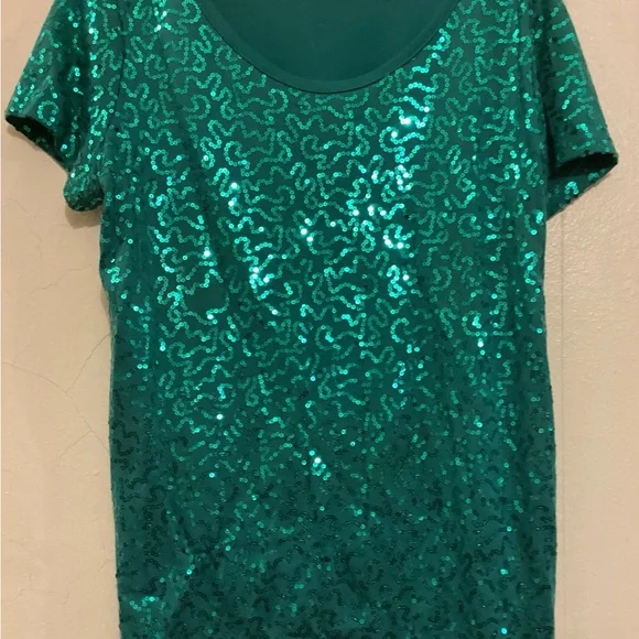 Avon Vintage Green Sequin Front Short Sleeve Top - Picture 3 of 6